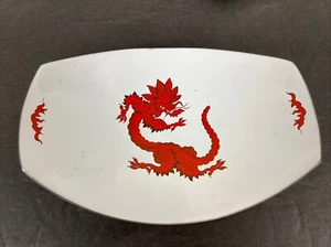 VTG Crimson Rust Red Ming Dragon Square Enamel On Metal Curved Plate Dish - Picture 1 of 8
