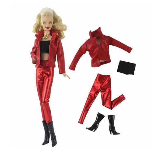 VETEMENTS Set vestiti moda pelle rossa per bambola 11 5" abiti giacca cappotto pantaloni stivali
