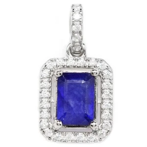 925 STERLING SILVER PENDANT GENUINE BUE SAPPHIRE GEMSTONE & WHITE CZ GEMSTONE - Foto 1 di 8