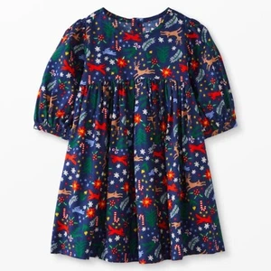 Girls Hanna Andersson Christmas Holiday Navy & Red Reindeer Print Dress Size 8 - Picture 1 of 10