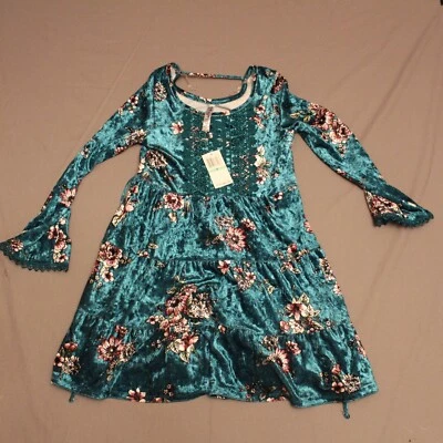 Beautees size 8 Girls Dress green Floral Lace Trim Long Bell Sleeve Prairie - Image 1 of 4