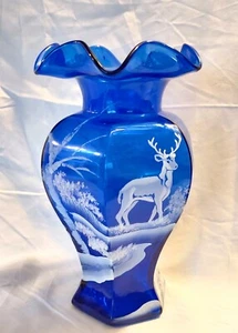 Fenton SNOWY WINTER 2 DEER SCENE on COBALT BLUE HEXAGON VASE Buck by FREDERICK - Picture 1 of 10