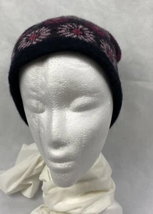 L L Bean Women Hat Tassels Black Knit Floral Pattern Rose Magenta Fleece Band - Picture 1 of 8