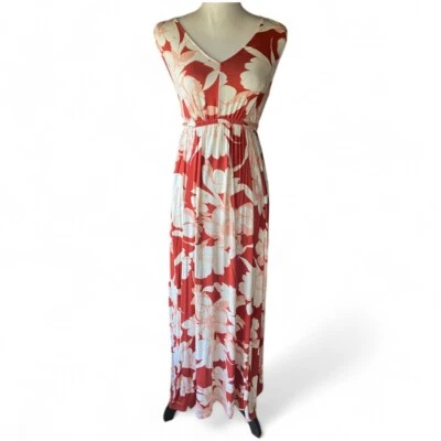 Isabel Maternity Dress Maxi Sleeveless V Neck Floral Stretch Orange Pleated S - Image 1 of 4