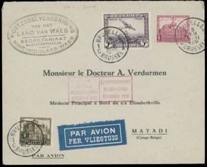 1930, BELGIUM PIONEER FLIGHT COVER FROM BRUSSELS TO MATADI, 3 STAMPS FRANKING - Picture 1 of 2