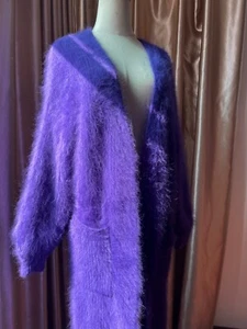 Angora Wool Sweater Cardigan Blended Fluffy Fuzzy Super Soft Chunky Knit Purple - Picture 1 of 11