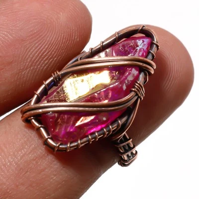 Anillo de joyería étnica de cobre envoltura de alambre de piedras preciosas druzy áspera rosa rebanada 6,5" PG 294 Foto 1 de 4