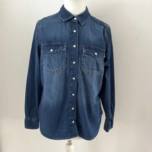 M&S Per Una Size 16 Blue Denim Shirt 100% Cotton Pearl Buttons Pockets - Picture 1 of 14