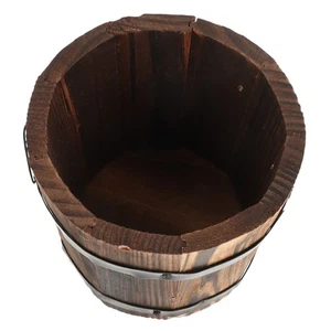 Wooden Round Barrel Planter Flower Pot Brown Flat Mouth Home Office Garden Decor - Picture 1 of 12