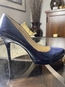 Nine West ~ Navy Blue Fresh Patent Leather Platform Heels - Size 9.5 M Trendy - Picture 1 of 6