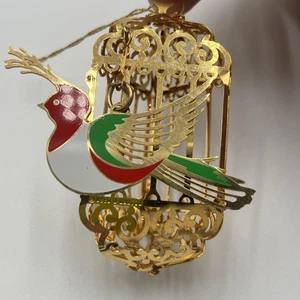 Reed & Barton Gold Tone Bird In Cage Christmas Ornament Enamel 3D Holiday - Picture 1 of 7