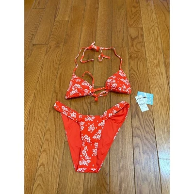 Nuevo Roxy Rojo Blanco Estampado Floral Tiki Tri Scoop Bottom Bikini Traje de Baño Conjunto XS Foto 1 de 4