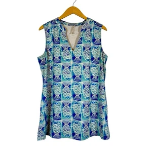 LULU B Sleeveless V-Neck UPF 50+ Top Blue White Fish Print Sz LG Stretch Vacay - Picture 1 of 9