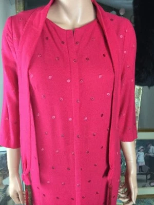 VTG Peer Bright Pink Wool Embroidered Hostess Dress Zip Front Tassel Belt Sz L - Imagem 1 de 4