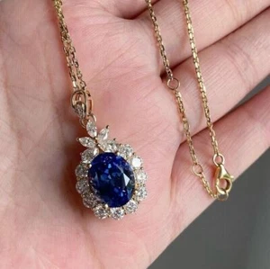 2Ct Oval Cut Lab Created Sapphire Halo Pendant 14K Yellow Gold Plated Free Chain - Picture 1 of 5