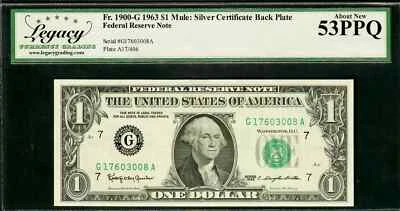 $1 1963 Fr. 1900-G Mule Face of FRN and Back of Silver Cert LCGS Abt New 53PPQ - Image 1 of 2
