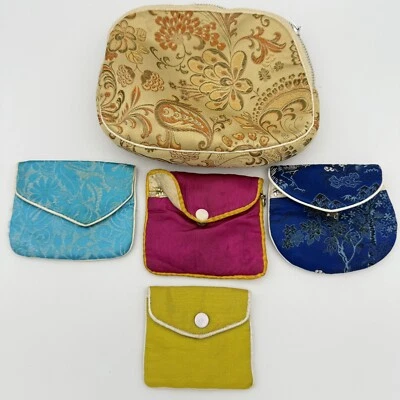 Vintage Jewelry Pouches Asian Thailand Silk Satin Floral Set Of 5 Zipper Snap - Image 1 of 4