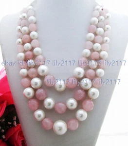 3 Rows Round White South Sea Shell Pearl Rose Pink Quartz Gems Necklace 18-20" - Picture 1 of 3