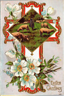 Antike Postkarte Ostergrüße Hirte Herde Kreuz wilde Rosen 1910