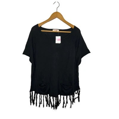 Fresh Produce sz Medium/Large black fringe sweater boxy scoop neck pocket - Image 1 of 3