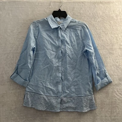 Coral Bay 女士纽扣上衣蓝色小号纯色亚麻混纺长袖领 — 第 1/4 张图片