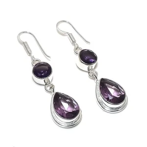 Purple Amethyst Gemstone Handmade 925 Sterling Silver Jewelry Earring Size 2" - Picture 1 of 1