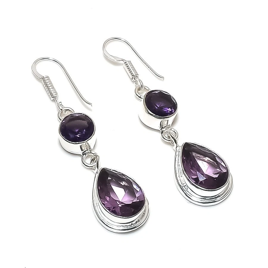 Purple Amethyst Gemstone Handmade 925 Sterling Silver Jewelry Earring Size 2" - Image 1 of 1