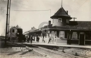 Railroad train depot motor car Clare Michigan RPPC Photo Postcard COPY - Picture 1 of 2