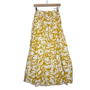 Madewell Linen Maxi Skirt Yellow White Floral Print Flowy Bohemian Womens XXS - Picture 1 of 6
