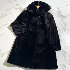 SAGA MINK Black Hooded Mink Long Coat Real Fur Size F Excellent FROM JAPAN - Picture 1 of 24