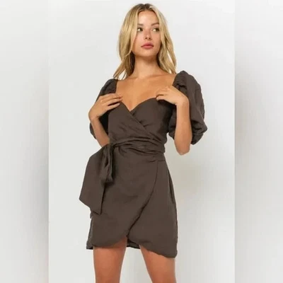 Olivaceous Size Small Chocolate Brown Linen Blend Puff Sleeve Wrap Mini Dress - Image 1 of 4