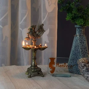 Premium Peacock Design 5 Oil Wick Brass Diya, Weight 1.3 Kg, (Yellow_4 Inch X 4 - Picture 1 of 7