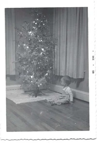 Vintage Vernacular Snapshot 1959 Toddler by Christmas Tree 1950's - Picture 1 of 1