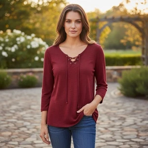 Rot Camel Damen L Cabernet Schnürung V-Ausschnitt Rippstrick 3/4 Arm Pullover Oberteil - Bild 1 von 12