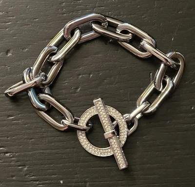 Michael Kors Silver Tone Chains Crystal Toggle Bracelet MK Logo - Image 1 of 4