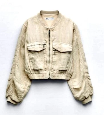 Chaqueta Bomber Zara Lino Greta Recortada Tostada Talla L Nueva Con Etiquetas Foto 1 de 4