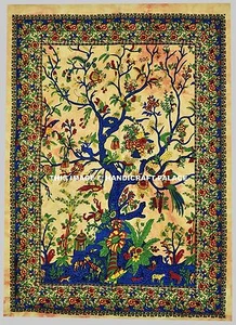 Baum des Lebens indian Wandbehang Tapisserieplakat Größe gelb Boho Wurf Baumwoll - Bild 1 von 1