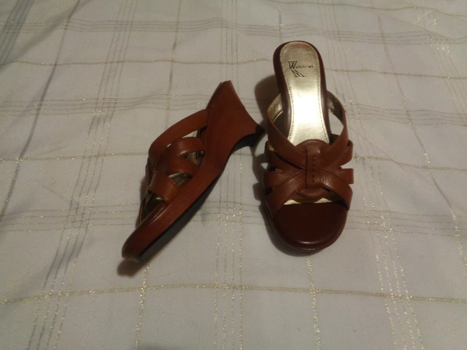 Blanco Montaña Marrón Cuero Tirantes Cuña Tacones Zapatos Talla 10 Foto 1 de 1