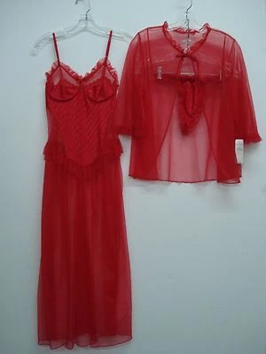USA Made Nancy King Lingerie 3 Piece Set Gown G-String Jacket Size S Red #878Q - Image 1 of 4