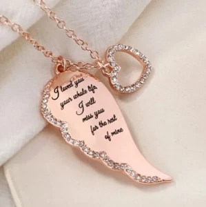 Rose Gold Angel Wings Love Letter Necklace with Heart Charm - Pink - Picture 1 of 2