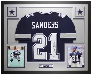 Deion Sanders Autographed and Framed Blue Dallas Jersey Auto Beckett COA - Picture 1 of 5