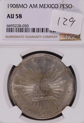 1908 Mo AM Mexico Silver One Peso NGC AU-58 - Image 1 of 2