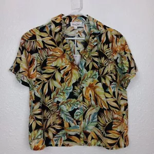 Panama Jack Shirt Womens Small Tropical Leaves Short Sleeve Linen Blend V-neck - Picture 1 of 9