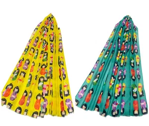 Ladies Multicolour Japanese Doll Print Frayed Edges Rectangle Scarves Stole 7686 - Picture 1 of 6