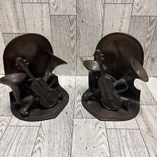 VINTAGE PAIR OF METAL MUSICAL SYMPHONY INSTRUMENTAL BOOKENDS.