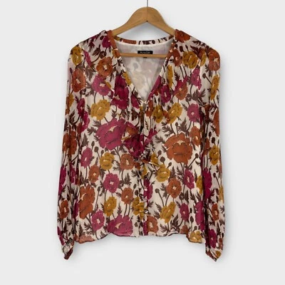 Massimo Dutti Women’s Size 4 Silk Ruffle Trim Long Sleeve Blouse Orange Multi - Image 1 of 4