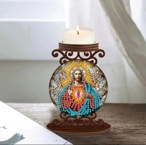 Diamond Painting DIY~ Tea Candle Wood Holder~ 5 Inches Tall~ Religious - Picture 1 of 4