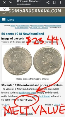 1918 NEWFOUNDLAND 50 CENTS Coin GEORGE V STERLING SILVER melt value-$23.54 see - Image 1 of 3