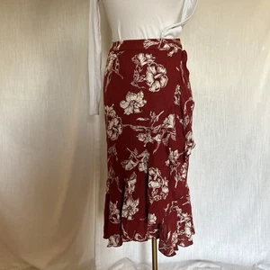 ZARA Red White Ruffled Floral Print Wrap Skirt Size Large Vacation Linen Blend - Picture 1 of 11