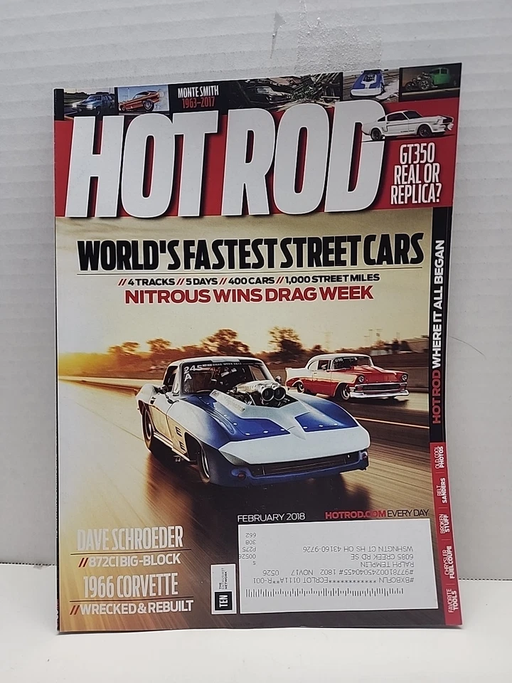 Hot Rod Magazine February 2018 Fastest Street Cars 1966 Covrvette  - Image 1 of 1